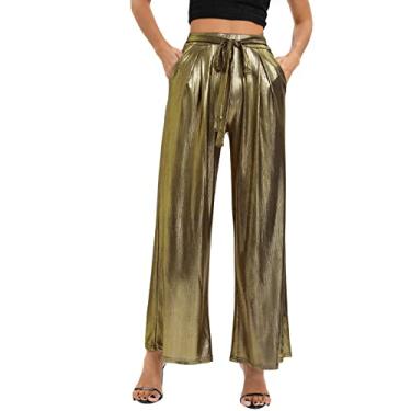 Imagem de Calças femininas largas largas de cintura alta para suor verão linho algodão calças sociais soltas, Dourado, P