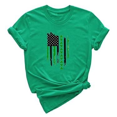 Imagem de Duobla Camiseta feminina com estampa de trevo do Dia de São Patrício, gola redonda, bandeira de trevo, roupas casuais, A-5-verde, GG