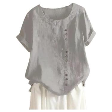 Imagem de Camisetas de linho para mulheres, gola redonda, de linho, manga curta, mistura de algodão, camisa de botão de linho, Ofertas flash cinza, 3G
