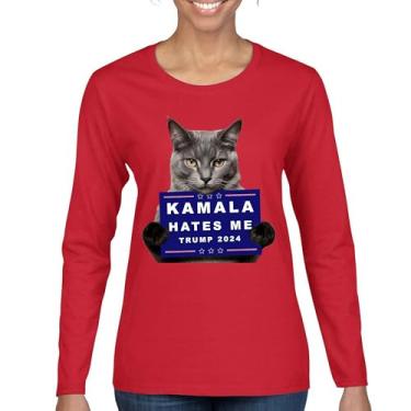 Imagem de Kamala Hates Me Trump 2024 Camiseta feminina manga longa engraçada gato republicano animal de estimação anti Harris Vote vermelho MAGA Kitten 47 Fight, Vermelho, M