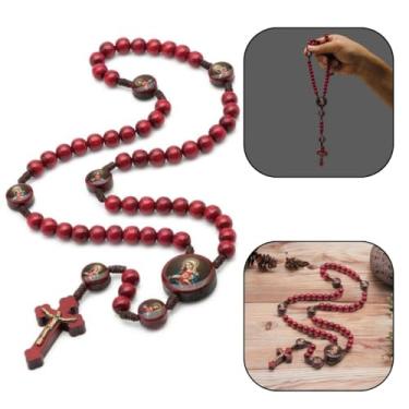 Imagem de Terço Madeira Vermelho 8mm Coração Jesus/Maria Cordão Católico Religioso
