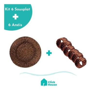 Imagem de Kit 6 Sousplat Rattan Bambú + 6 Anéis Porta Guardanapo Mundiart, Marro