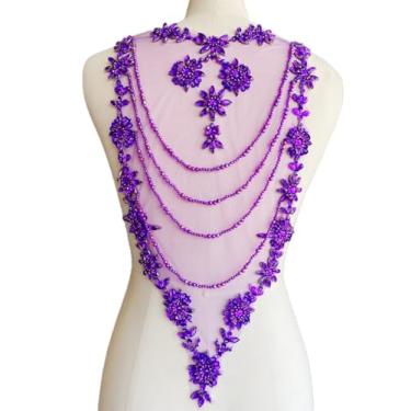 Imagem de Akiko.CC Aplique de renda de strass feito à mão, costura, contas brilhantes, apliques de franja de cristal para roupas de vestido acessórios traseiros 25 x 53 cm (roxo)