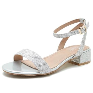 Imagem de Peijely Sandália feminina de salto grosso, bico aberto, tira no tornozelo, salto baixo, vestido de festa, sapatos de verão, Fivela quadrada prata brilhante, 42