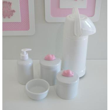 Imagem de kit Higiene Bebê Potes K021 Cotonete Flor Rosa Algodão Limpeza Porcela