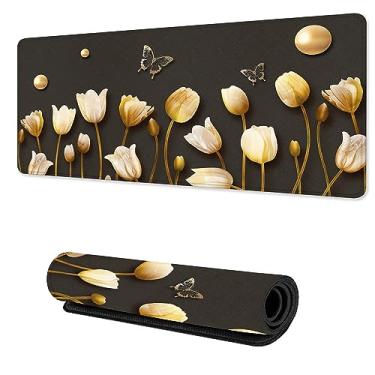 Imagem de TUBAMQ Tapete de mesa, tulipany flores borboleta 3D mouse pad 80 x 39,9 cm Mousepad estendido base de borracha antiderrapante, bordas costuradas teclado mouse pad mesa para escritório, casa e jogos