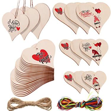 Imagem de 36 Pieces 4/3.1/2.4 Inch Valentine's Day Wooden Heart Ornament Blank Wooden Heart Slices with Holes and 2 Meters Natural Rope,15 Color 3 mm Polyester Ribbon for Valentine's Day Decors