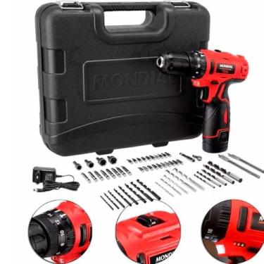 Imagem de Furadeira Parafusadeira de impacto 3/8" a bateria 12V com kit 54 acessórios - PI-11MA - Mondial (110V/220V)