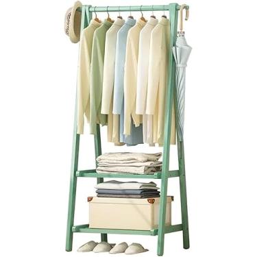 Imagem de Arara de roupas de bambu, trilho para roupas com prateleiras, suporte de casaco, trilho para pendurar roupas, leve, dobrável, organizador de roupas para entrada e quarto, verde ervilha, 66 x 40 x 160