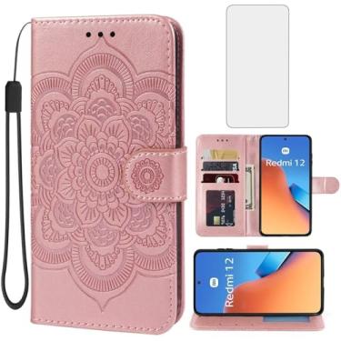 Imagem de Bohefo Capa para Redmi 12, Capa carteira Redmi Note 12R/Poco M6 Pro/Redmi 12R com protetor de tela de vidro temperado, capa de celular flip de couro com suporte para cartão de crédito para Xiaomi