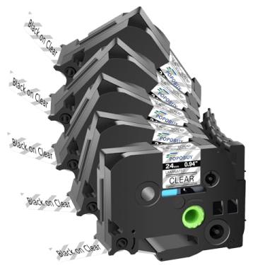 Imagem de POPOBUY Fita transparente laminada TZ TZe 24 mm 0,94 compatível com Brother P Touch TZ151 TZ-151 TZe-151 TZe151 TZe151 para etiquetadora PTD600 PTD610BT PTP710BT, pacote com 5 preto sobre transparente