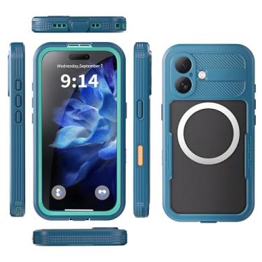 Imagem de Kfifsiso Capa magnética à prova d'água, compatível com iPhone 16, capa protetora de telefone de corpo inteiro com protetor de lente de câmera de tela integrado, lado preto azul-petróleo