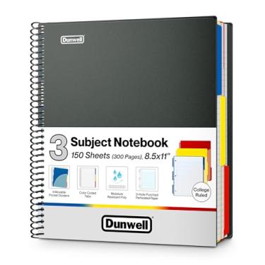 Imagem de Dunwell Caderno de 3 matérias pautado universitário 21 x 27 cm, 150 folhas (300 páginas), caderno espiral 21 x 28 cm com abas, divisórias móveis, bolsos, capas de plástico frontal/traseiras, caderno