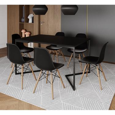 Imagem de Mesa Jantar Industrial Retangular Preta 137x90cm Base V Ferro Preto com 6 Cadeiras Preta Eames Madei