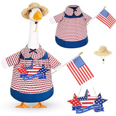 Imagem de Mindsoft 2 peças de roupa de ganso de varanda de 4 de julho com placa de madeira God Bless America, roupa de ganso do Havaí para decoração de arte de gramado de plástico de cimento de 58 cm