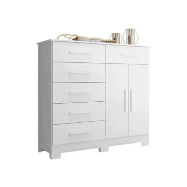 Imagem de Cômoda de Quarto Grande com 6 Gavetas e 2 Portas – Organizador Multiuso em MDP Branco – Design Moderno, Ideal para Roupas, Acessórios e Roupeiro (Branco)