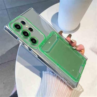 Imagem de Capa de proteção para câmera Samsung S22 S23 S24 Ultra, verde fluorescente, para Samsung S22Ultra, com compartimento para cartão e carteira transparente