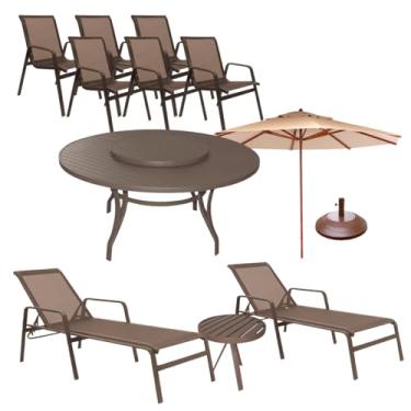 Imagem de Kit Móveis Piscina Mesa 1,40m Giratória, 6 Cadeiras e 2 Espreguiçadeiras Tela e Alumínio