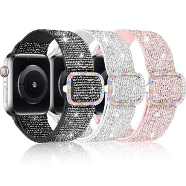 Imagem de Pacote com 3 pulseiras de relógio de nylon brilhante compatíveis com Apple Watch séries 10, 9, 8, 7, 6, 5, 4, 3, 2, 1, SE2, meninas e meninos de 38 mm, 40 mm, 41 mm, 42 mm, 44 mm, 45 mm, 46 mm, SE