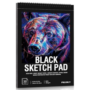 Imagem de Caderno de desenho de papel preto com 30 folhas, 44,5 kg/160 g/m², bloco de esboço preto pesado 14,5 × 8,5 cm, papel de desenho sem ácido, caderno de esboço encadernado em espiral para crianças