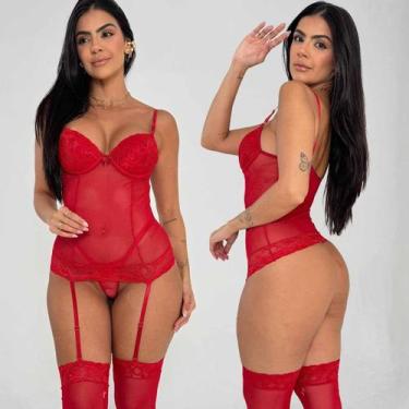Imagem de Lingerie Sexy Espartilho Corselet Sensual Completo C/ Meias Tule Com B