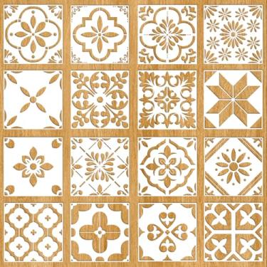 Imagem de 16 estênceis reutilizáveis de azulejo mexicano 20 x 20 cm para pintura em pisos, azulejo, pátio de concreto, varanda frontal, móveis, banheiro, decoração de parede de casa e artesanato de arte DIY