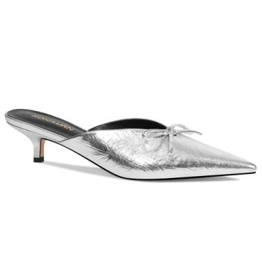 Imagem de RONILURN Salto gatinho feminino salto alto mules stiletto bico fechado bico fino salto baixo moderno metálico frente única festa de formatura elegante, Prata, 37