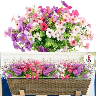 Imagem de WOHSEROM 8 pacotes de flores artificiais violeta ao ar livre, ambientes internos, resistentes a UV de seda falsa com folhas de eucalipto para varanda, jardim, casamento, plantadores (branco, roxo