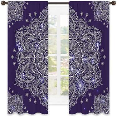 Imagem de Cortina blackout Paisley, ornamento floral, mandala redonda, inspirado em paisley, estilo retrô, cortinas blackout com absorção de som para decoração de sala de jantar/festa, L 132 x C 182 cm azul