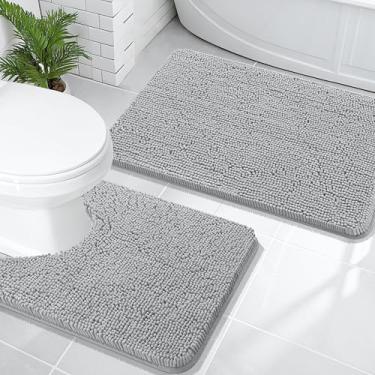 Imagem de OLANLY Conjunto de tapetes de banheiro de 2 peças, tapetes de banho de chenille macio absorvente e contorno em forma de U, tapete de banheiro lavável na máquina, acessórios de decoração de casa (76 x