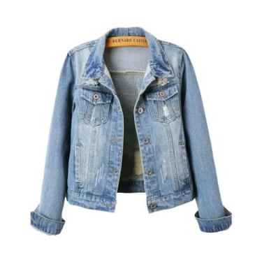Imagem de Jaqueta Jeans Feminina Lavada Azul Com Rasgos, Manga Longa, Bolso Com 