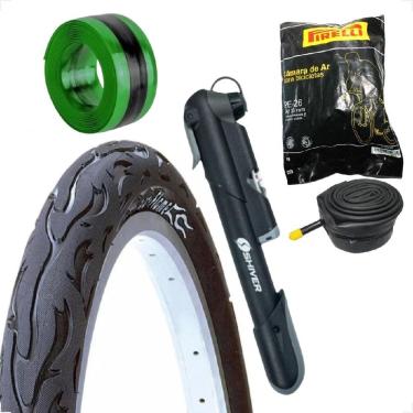 Imagem de Pneu Bicicleta Kenda Flame Balão Aro 26 x 2.125 Liso  Camara Pirelli Bombinha Portatil fita antifuro