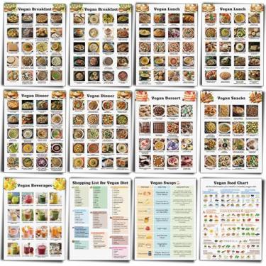 Imagem de Sinload Pôster de lista de alimentos veganos com 12 peças, plano de refeições veganas com alto teor de proteína, guia de alimentação saudável para cozinha e casa