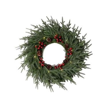 Imagem de WHANLEY L&Q Guirlanda de Natal artificial pré-iluminada de 61 cm, luzes brancas, decorada com pinhas, cachos de bagas, guirlandas de Natal para porta da frente, decorações de Natal, guirlanda de