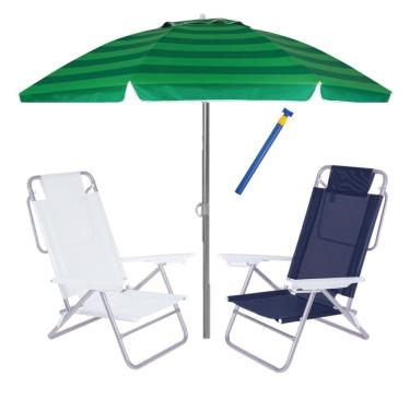 Imagem de Kit Praia 2 Cadeira Summer Reclinável 6 Pos + Guarda Sol 2,4m + Saca Areia - Mor