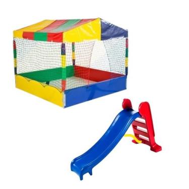 Imagem de Kit Brinquedos Playground Piscina de Bolinhas Quadrada 1,50m + Escorre