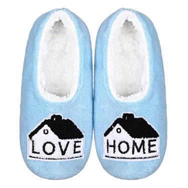 Imagem de ZYZX Meias femininas engraçadas com pegas, antiderrapantes, quentes, macias, aconchegantes, para casa, chinelos fofos, forro de lã, meias felpudas para uso interno, Azul 073loho, 5-6