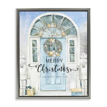 Imagem de Stupell Industries Merry Christmas Design de arte de parede em tela flutuante cinza com porta azul por Jesse Keith, 78 x 63 cm