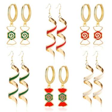 Imagem de QLYOVWE 6 pares de brincos de doces de Natal para mulheres, fofo, vermelho, verde, hortelã-pimenta, carne, doce, argola, espiral, brincos pendurados, presentes de Natal, Medium, Metal, Sem pedra