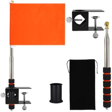 Imagem de Kit de mastro de bandeira de barco flutuante de 30,5 x 45,7 cm laranja para barco de esqui aquático com mastro de segurança de barco retrátil de metal de 200 cm e base fixa para caiaque wakeboard