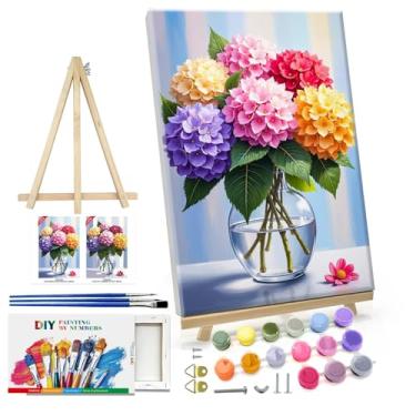 Imagem de ATDMS Kit de pintura por números para adultos, pintura por número, com moldura, hortênsia, pintura por número, com cavalete faça você mesmo, pintura a óleo floral por números, para presente, decoração