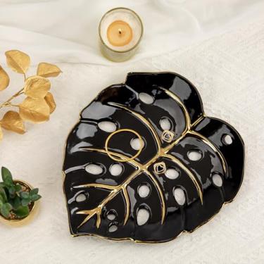 Imagem de Bandeja decorativa em forma de folha de cerâmica, placa de folha Monstera dourada preta 32 x 28 cm para joias, chaves, lanche, suporte de vela, mesa moderna decoração de casa