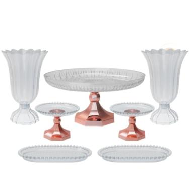 Imagem de Kit Cristal boleira lapidada 24x11+2 vasos popi+2 mini boleiras perola+ 2 bandejas perola 20x13 cm(MR - METALIZADO ROSE GOLD)