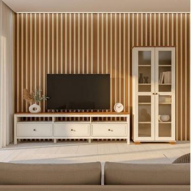 Imagem de Conjunto de Sala 2 Peças com Rack 210cm e Cristaleira Madeira Maciça Ananda Cabecasa Madeiramadeira Off White/Mel