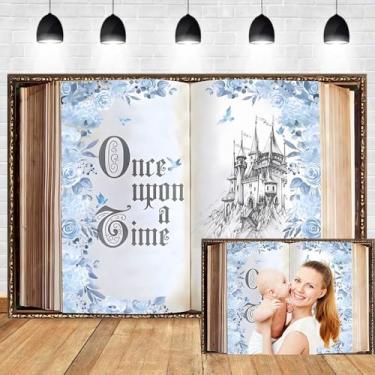Imagem de Pano de fundo de 2,1 x 1,5 m Once Upon a Time Livros de Fadas Castelo Romântico Flores Azuis para Fotografia Princesas Decorações de Festa de Aniversário Suprimentos de Chá de Bebê Chá de Noiva