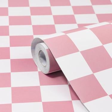 Imagem de Amiya Papel de parede quadriculado descasque e cole papel de parede de mosaico rosa 43 x 203 cm, papel de parede removível de vinil autoadesivo moderno para forro de prateleira, sala de aula, armários