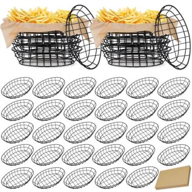 Imagem de Yiyiring 30 cestas de pão de arame preto, 24 x 15 x 5 cm, oval, de metal, para servir tigela de frutas, armazenamento com 150 folhas, papel para mesa de cozinha, fast food