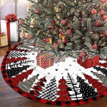 Imagem de Saia para árvore de Natal, 91 cm, vermelho e preto, buffalo, xadrez, decoração de inverno, tapete de árvore de Natal para casa, festa, decoração interna e externa