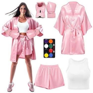 Imagem de Conjunto de 6 peças de fantasia feminina de boxe de Halloween com roupão de cetim rosa, colete branco, shorts boxer, luvas de boxe e pintura facial, fantasias femininas rosa para meninas