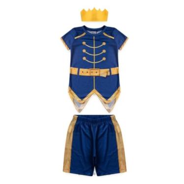 Imagem de Fantasia Infantil de Príncipe Real, Conjunto Azul e Dourado com Coroa, Camiseta e Shorts, Roupa de Carnaval para Meninos